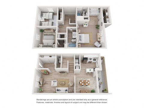 a stylized floor plan of a 2 bedroom apartment